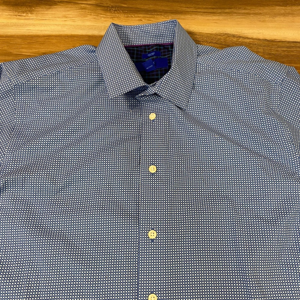 Egara‎ Mens Slim Fit Non-Iron Dress Shirt Blue White Geometric Print Size Large